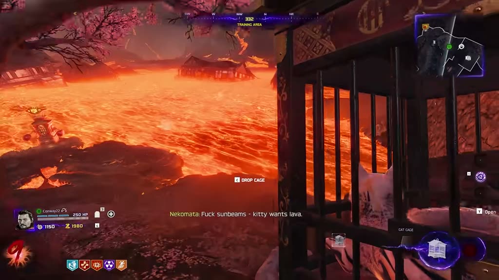 Drop Cage prompt at the edge of a lava field