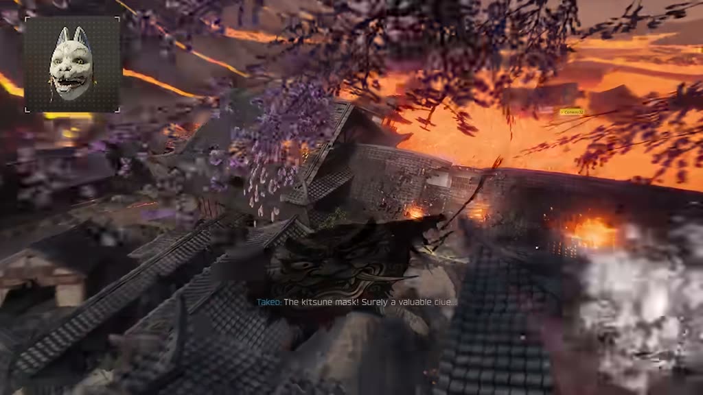 Flying the kite over the rooftops, kitsune mask below