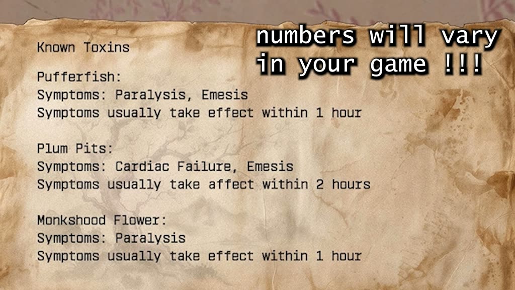 Known Toxins note listing each poison's time to take effect