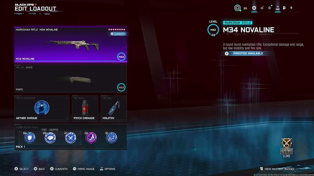 Edit Loadout screen with M34 Novaline, knife, Aether Shroud, Psych Grenade and Molotov