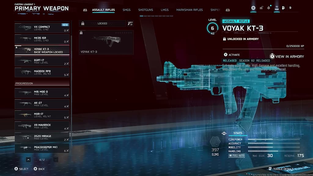 Voyak KT-3 assault rifle in the armory menu