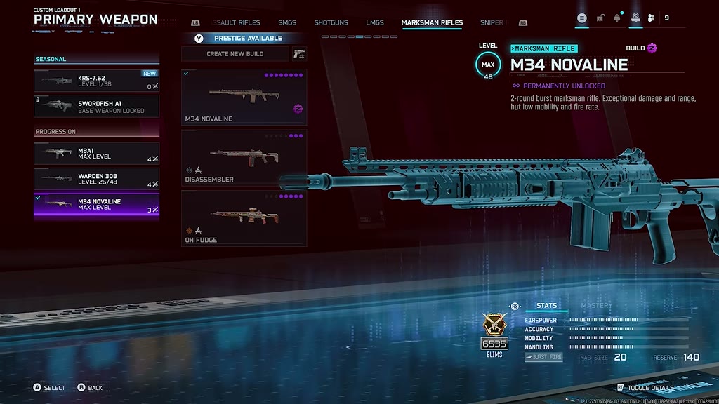 M34 Novaline armory screen with full weapon model, stats and description