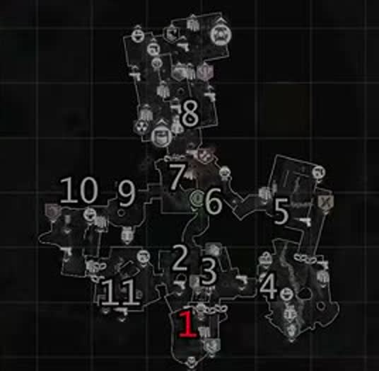 Map of Kowakujo with all 11 lantern locations numbered in route order