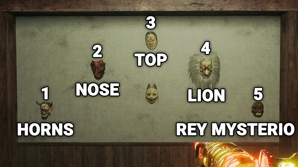 The five masks labeled: 1 Horns, 2 Nose, 3 Top, 4 Lion, 5 Rey Mysterio