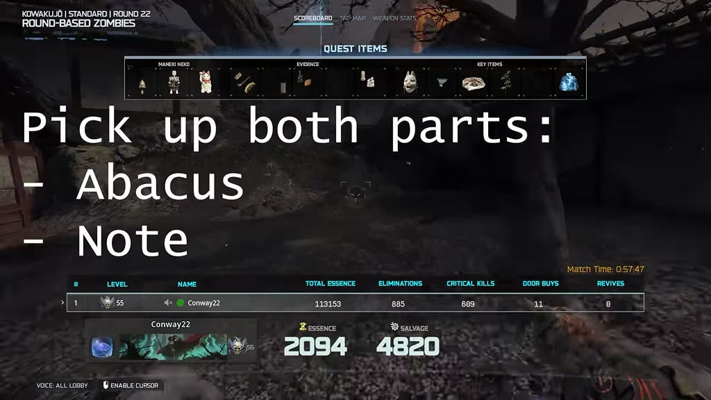 Quest items screen showing abacus and note