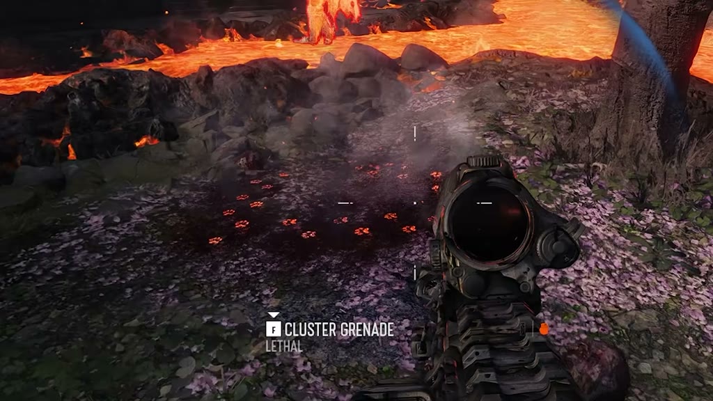Glowing orange paw prints on the ground near lava