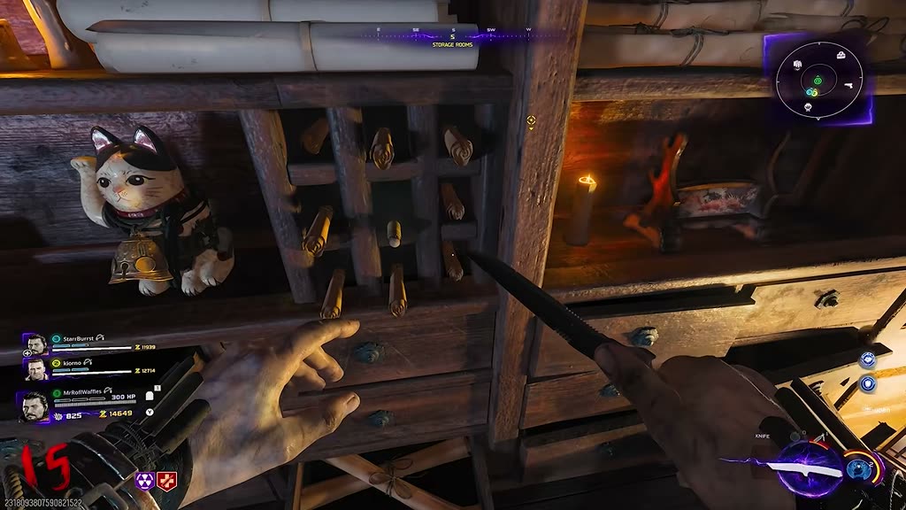 The 3x3 grid of scrolls next to the maneki statue