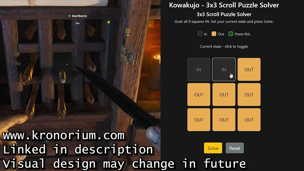The kronorium.com scroll puzzle solver next to the in-game grid